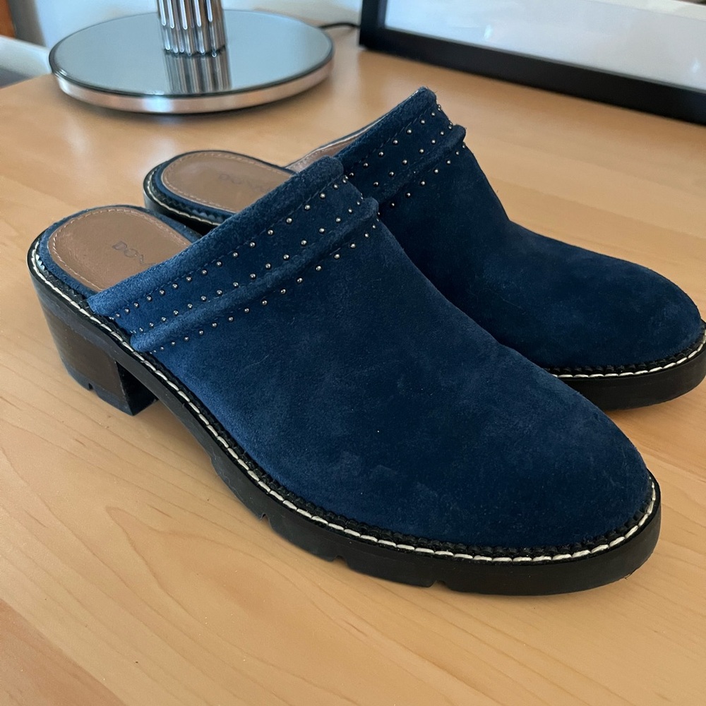 Donald J Pliner Sahara navy blue suede block heeled clog mules